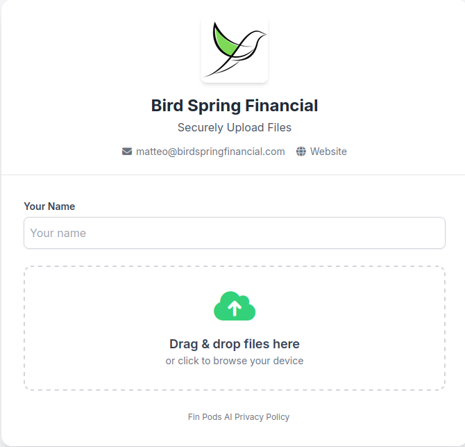 Diagram showing Client Uploading without login vs Advisor Login with 2FA